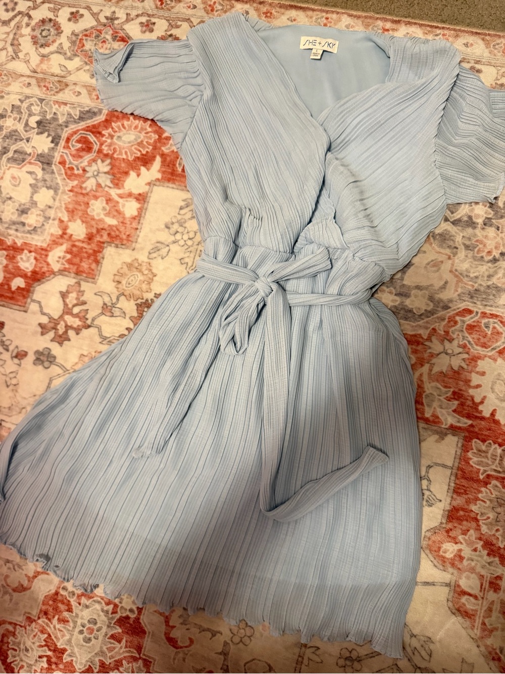She + Sky Powder Blue Pleated Wrap Mini Dress